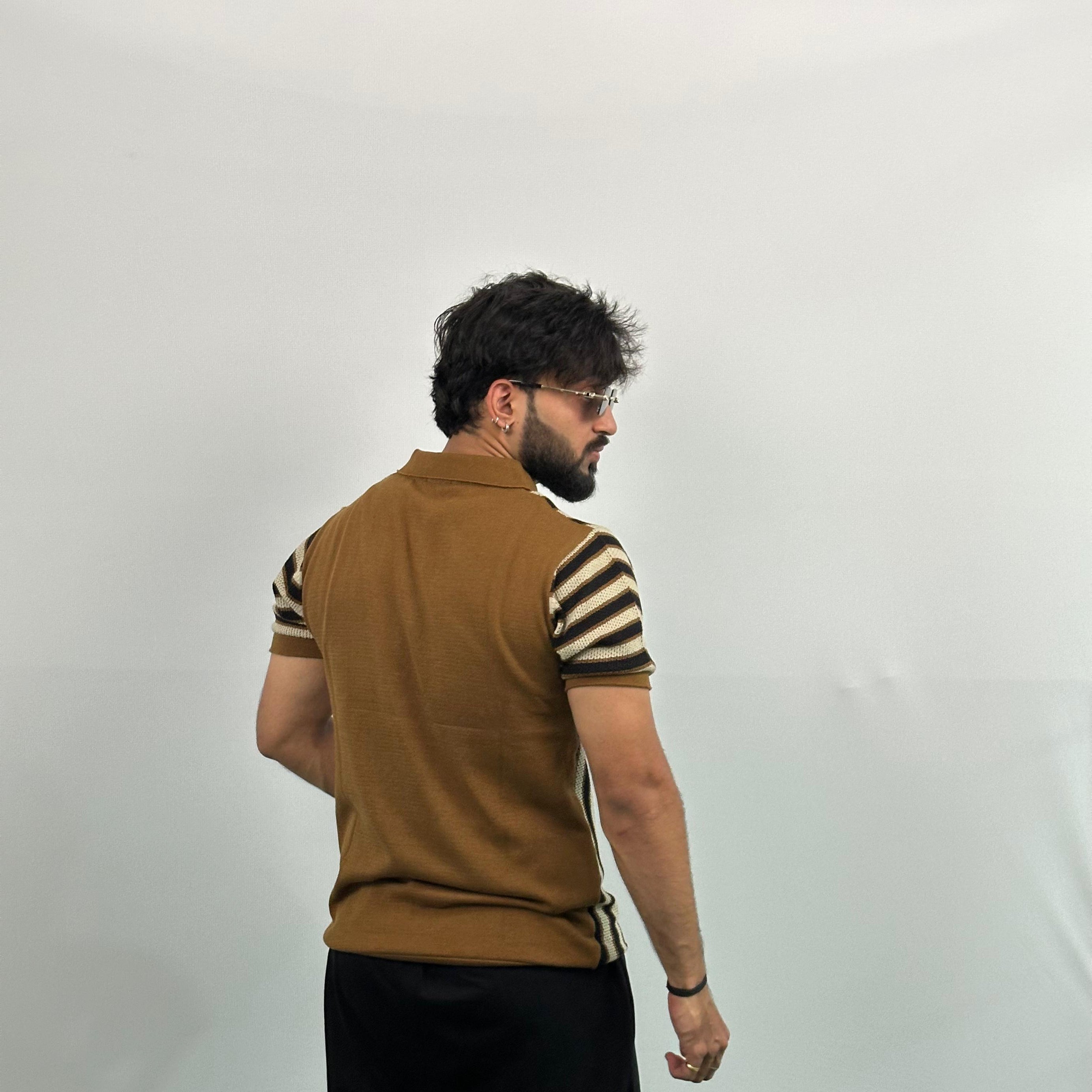 Brown And Black Stripe Knitted Polo T-Shirt