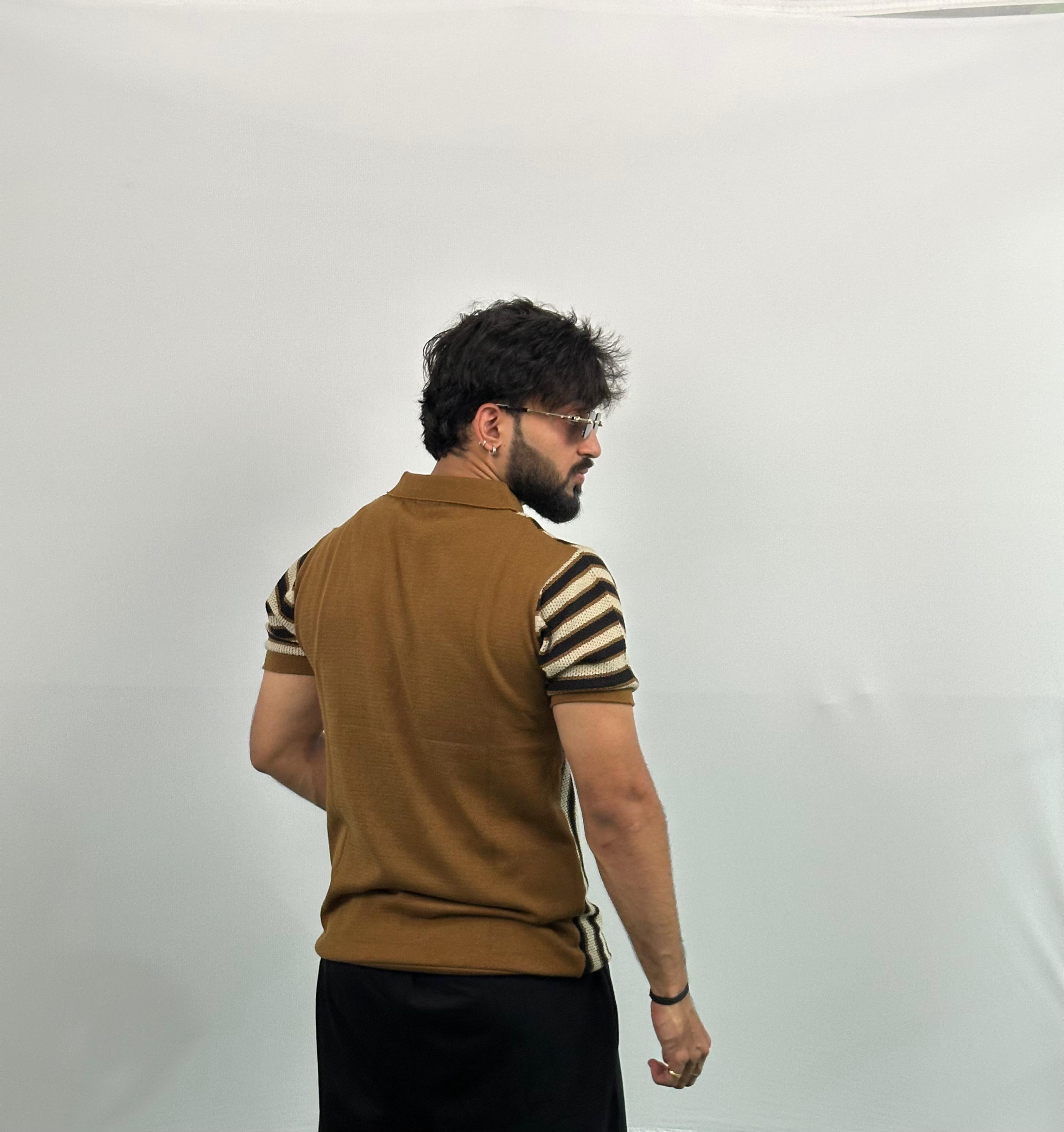 Brown And Black Stripe Knitted Polo T-Shirt