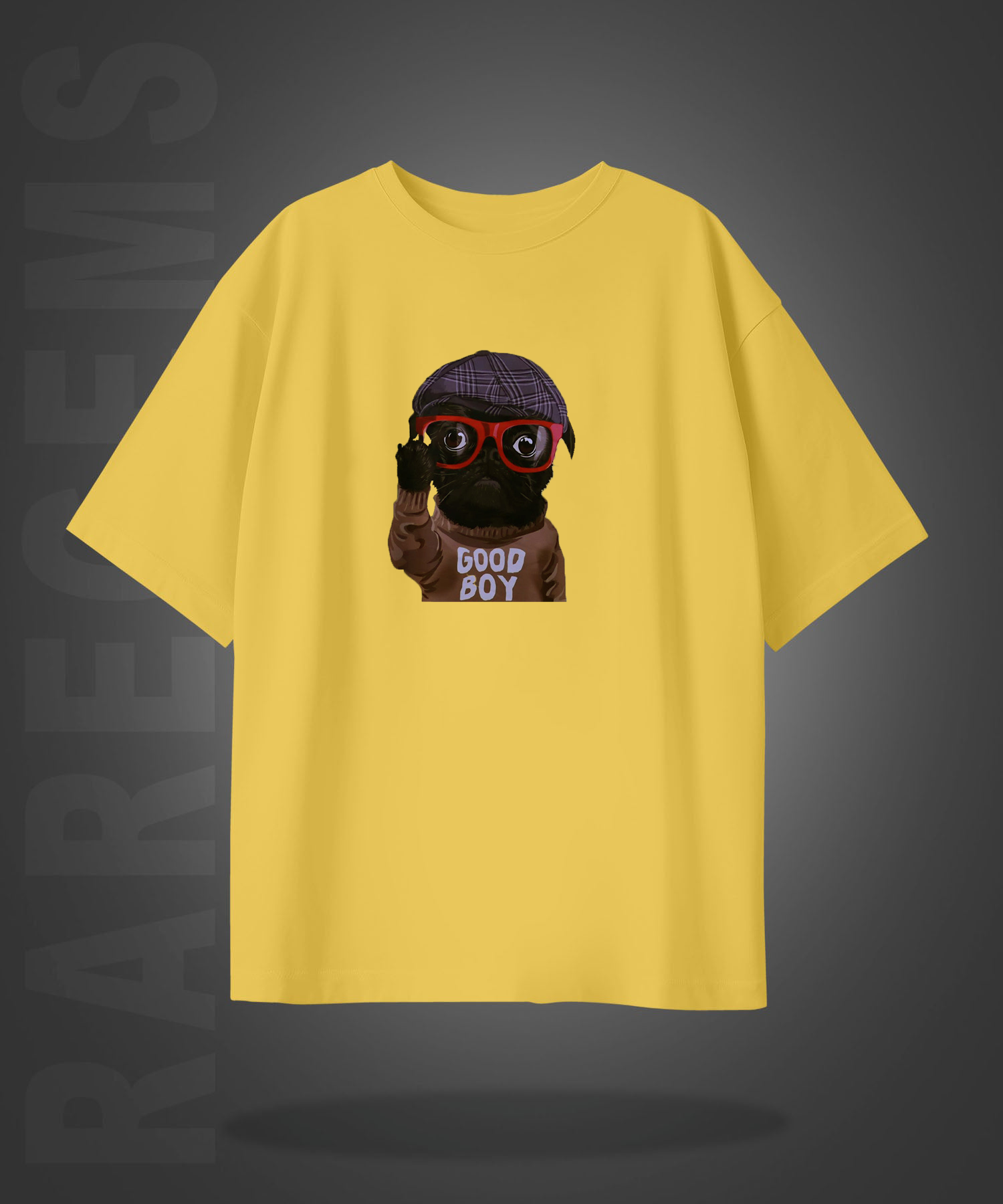 Yellow Half Sleeves Dog With Hat And Glasses Printed Oversized T-Shirt