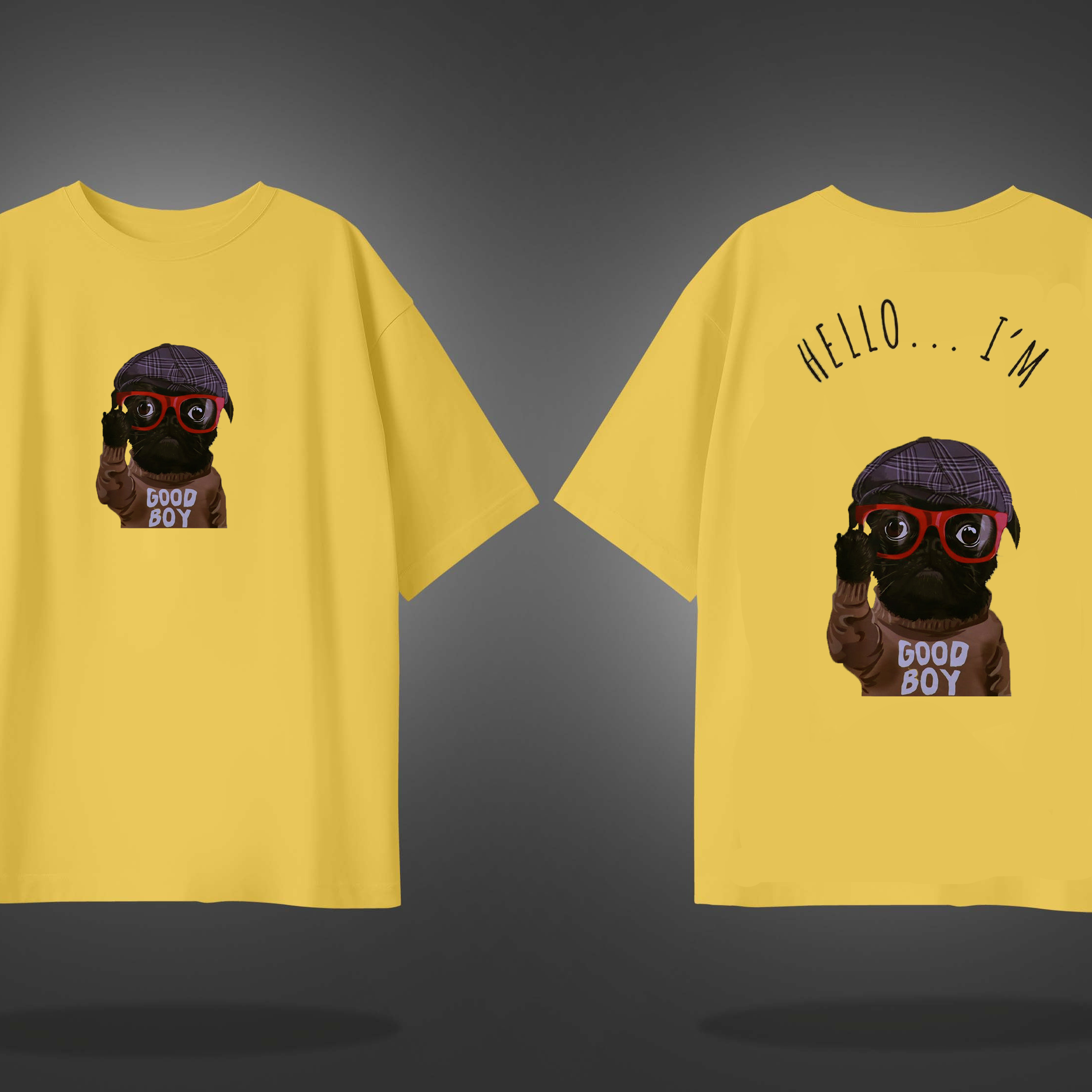 Yellow Half Sleeves Dog With Hat And Glasses Printed Oversized T-Shirt