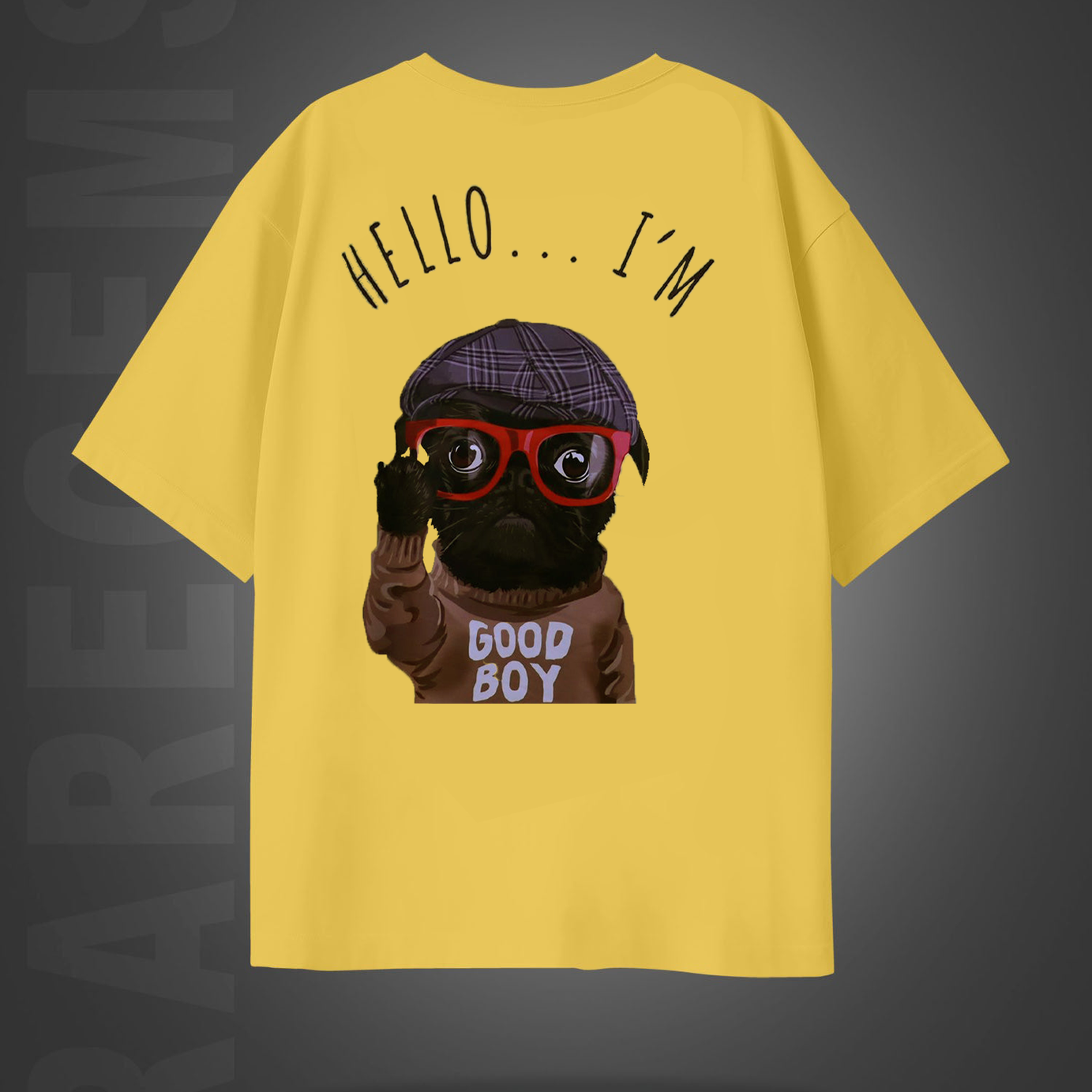 Yellow Half Sleeves Dog With Hat And Glasses Printed Oversized T-Shirt