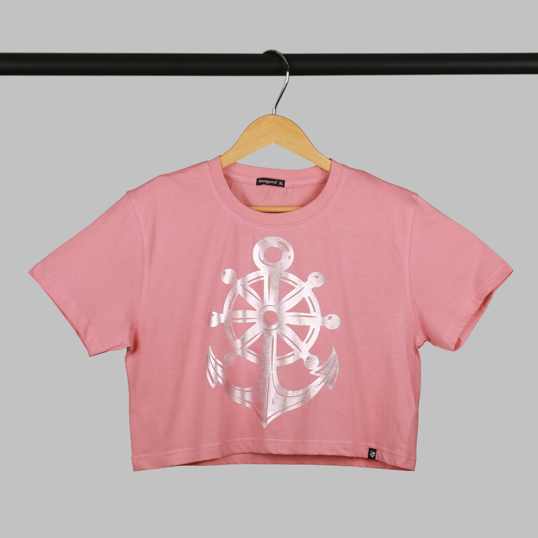 Peach Half Sleeve Rose Gold Anchor Printed Women's Regular Crop Top