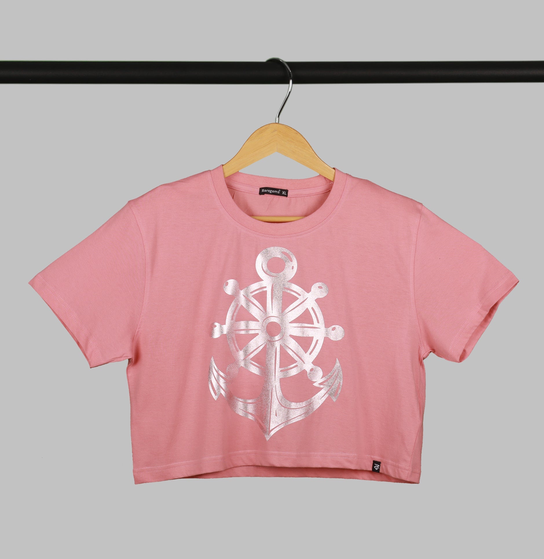 Peach Half Sleeve Rose Gold Anchor Printed Women's Regular Crop Top
