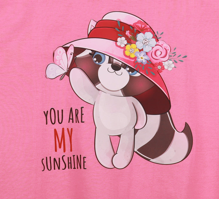 Pink Half Sleeve Cute Cat Printed Women's Regular Crop Top