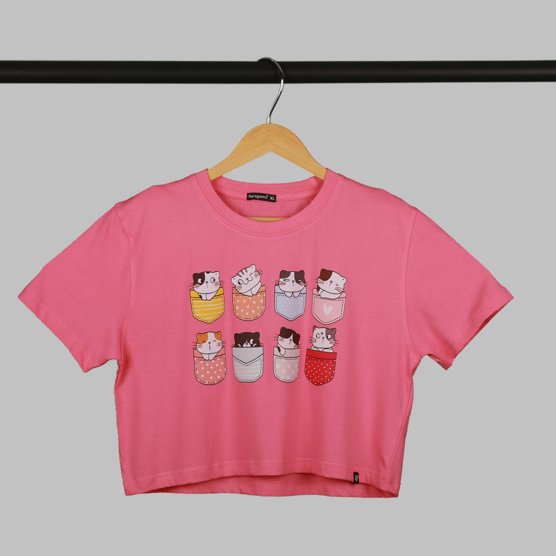 Pink Half Sleeve Pocket Cats Printed Women's Regular Crop Top