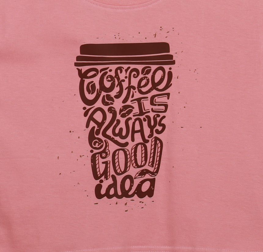 Peach Half Sleeve Coffee Mug Printed Women's Regular Crop Top