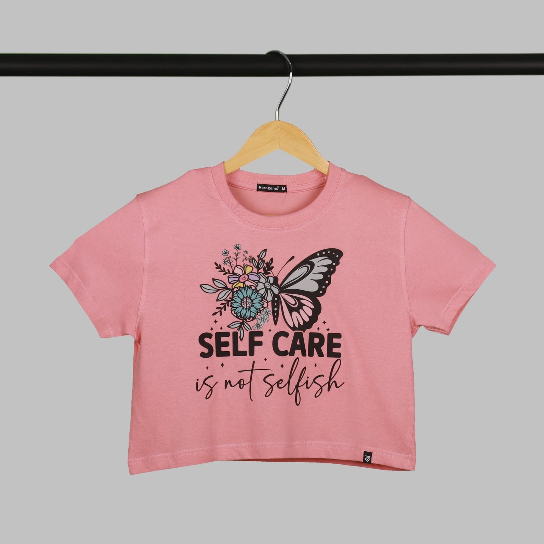 Peach Half Sleeve Floral Butterfly And Selfcare  Printed Women's Regular Crop Top