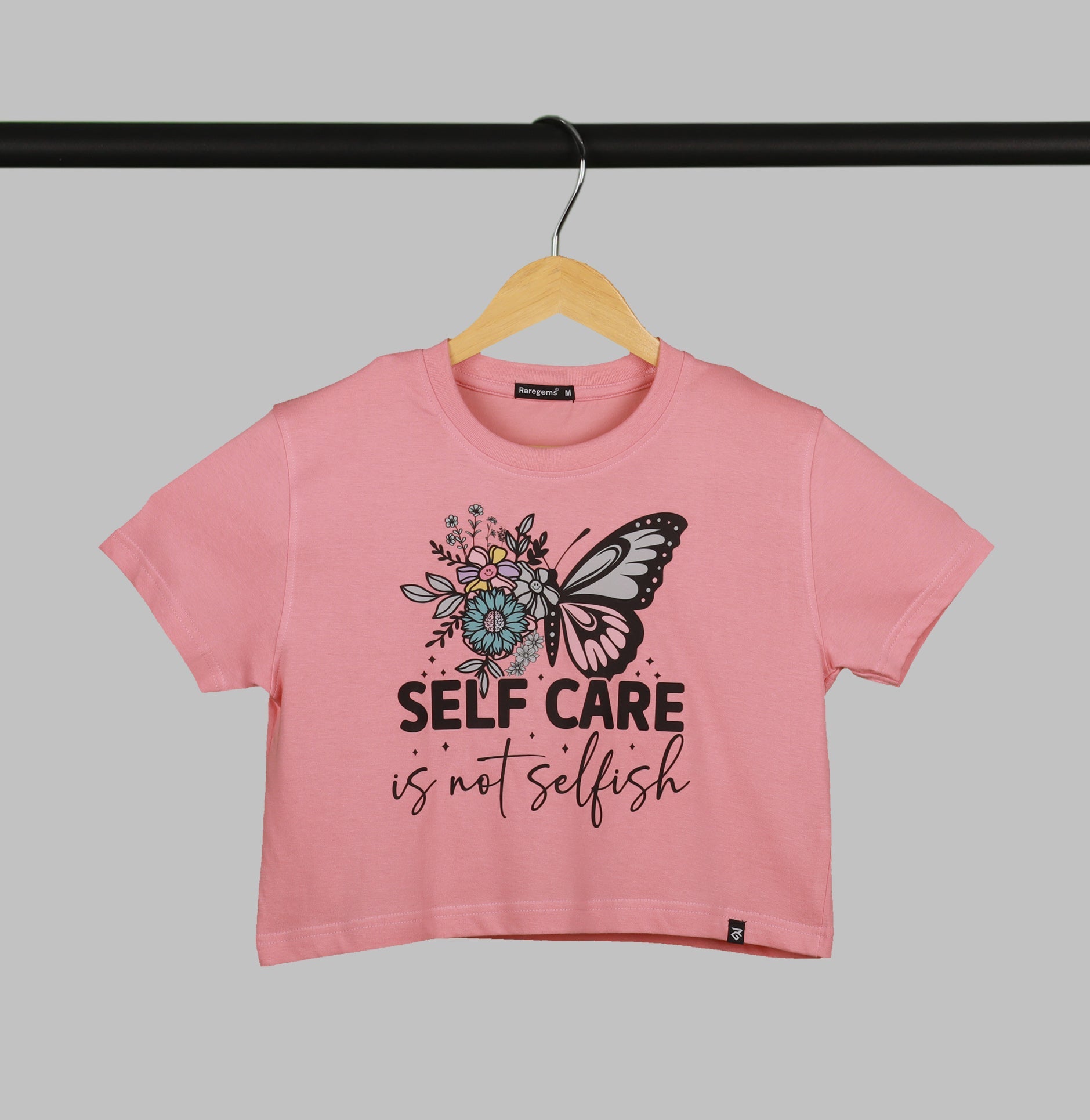 Peach Half Sleeve Floral Butterfly And Selfcare  Printed Women's Regular Crop Top