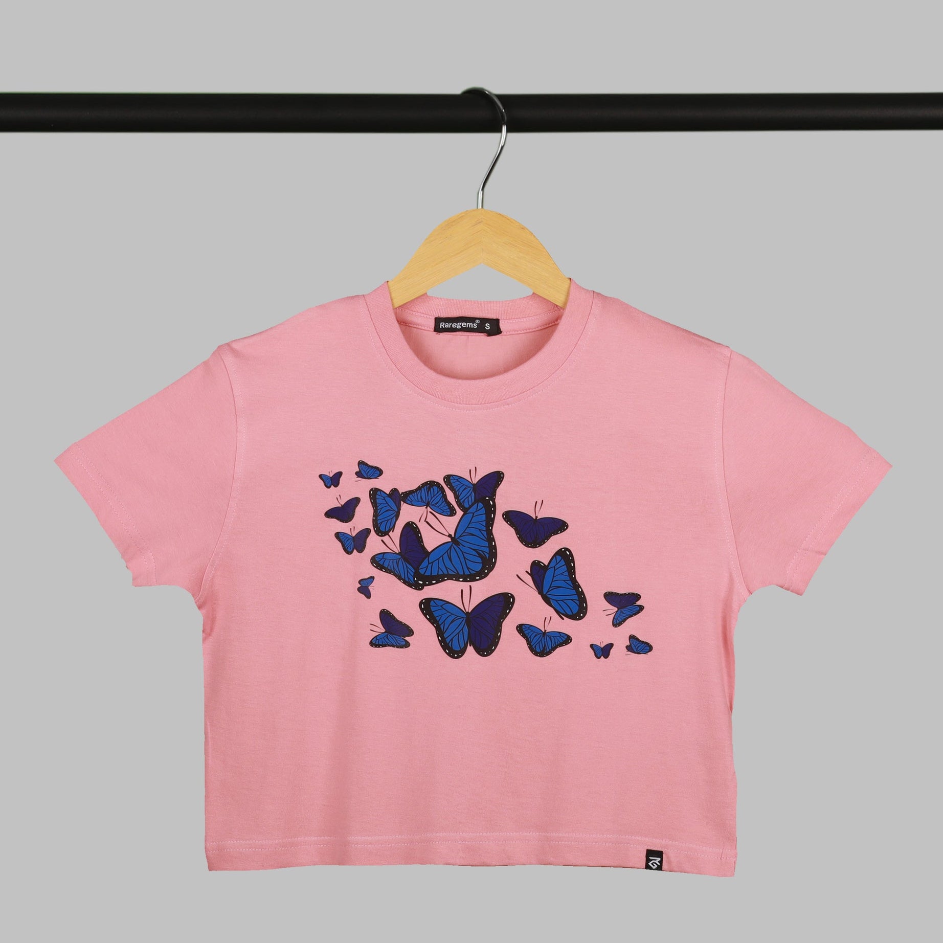 Peach Half Sleeve Blue Butterflies Printed Women's Regular Crop Top