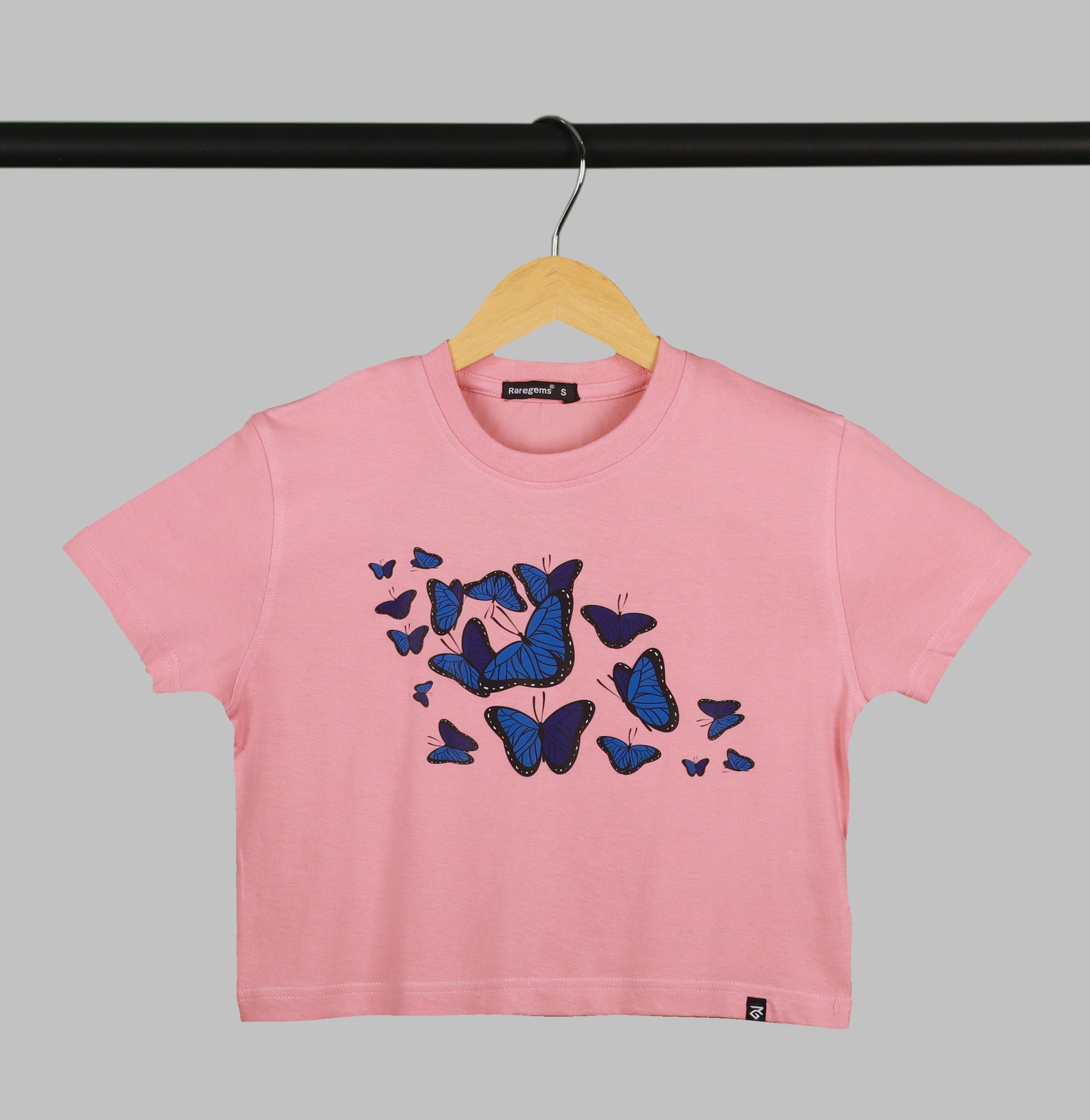 Peach Half Sleeve Blue Butterflies Printed Women's Regular Crop Top