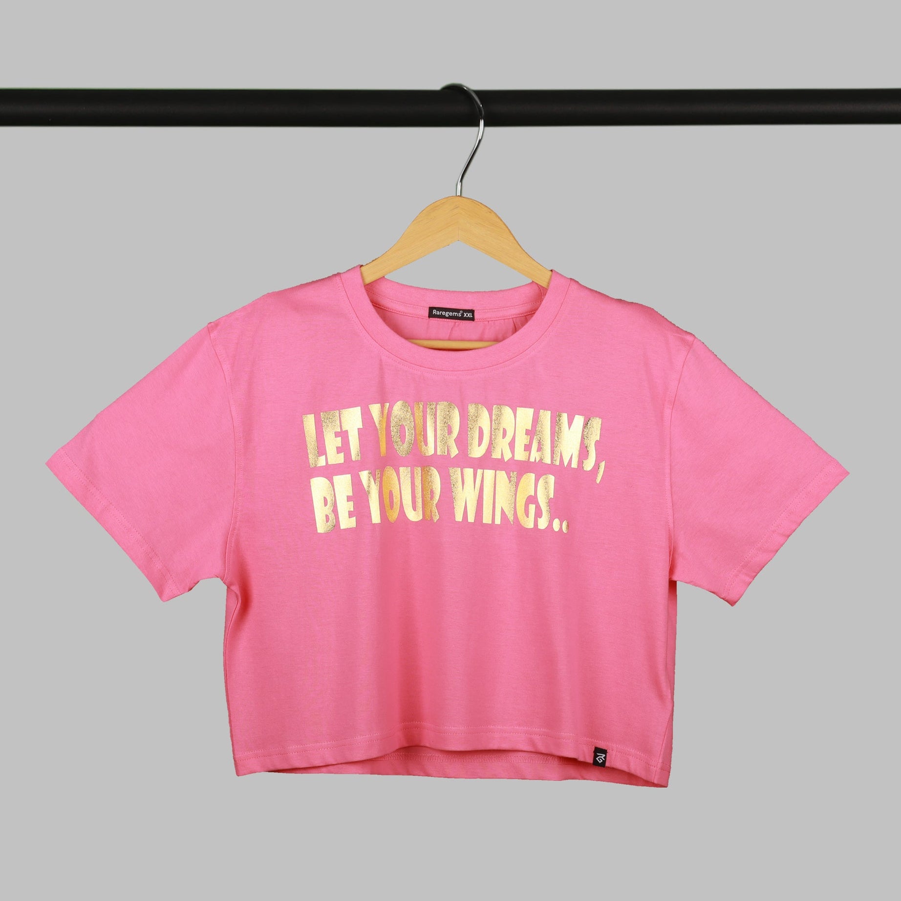Pink Half Sleeve Golden Quote Printed Women's Regular Crop Top