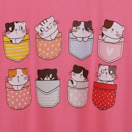 Pink Half Sleeve Pocket Cats Printed Women's Regular Crop Top