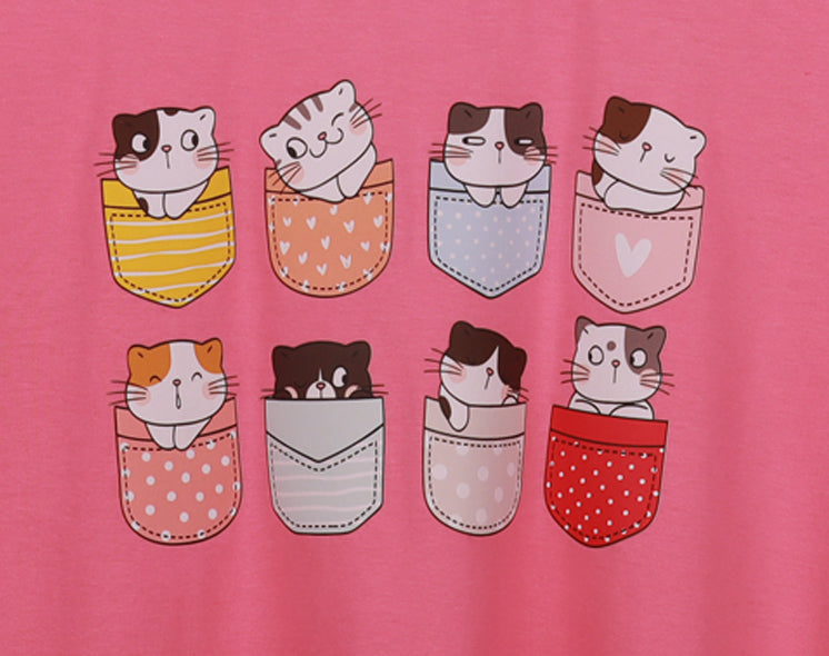 Pink Half Sleeve Pocket Cats Printed Women's Regular Crop Top