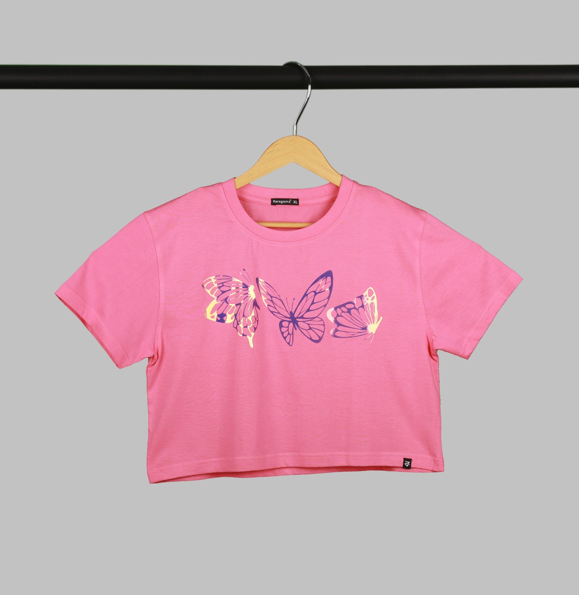 Pink Half Sleeve Rainbow Butterfly Printed Women's Regular Crop Top