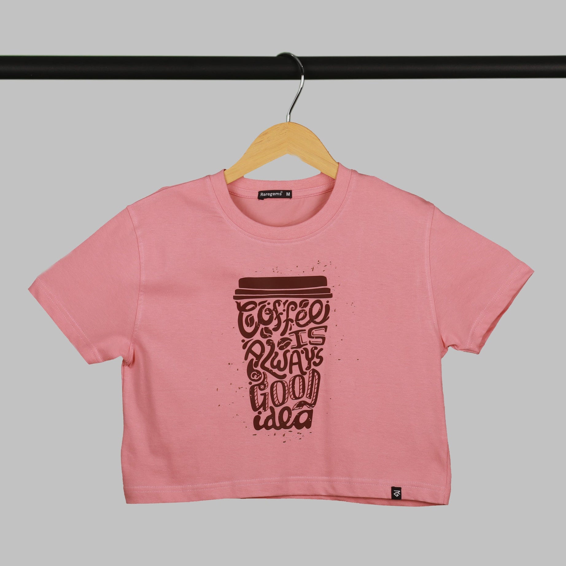 Peach Half Sleeve Coffee Mug Printed Women's Regular Crop Top