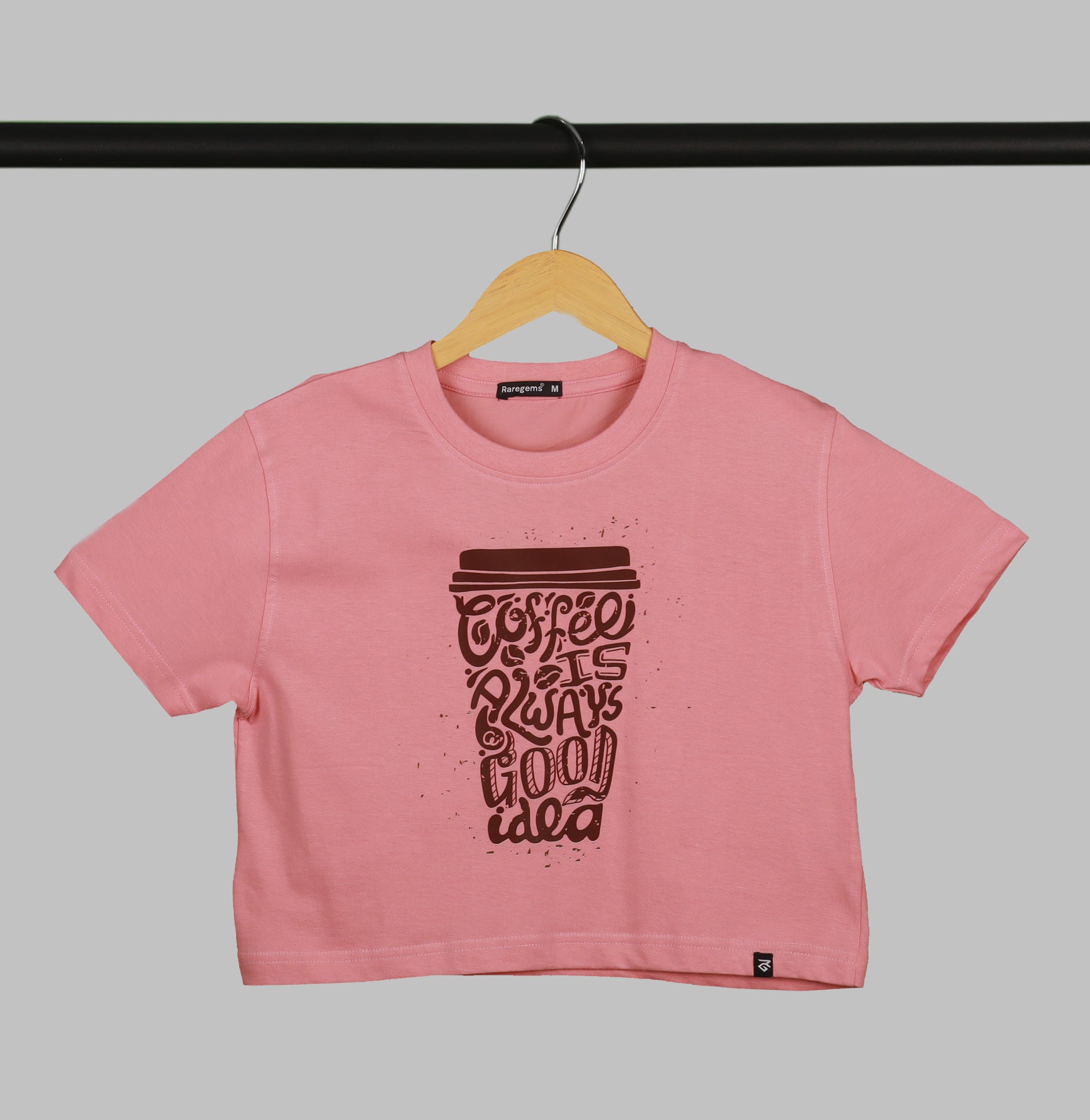 Peach Half Sleeve Coffee Mug Printed Women's Regular Crop Top