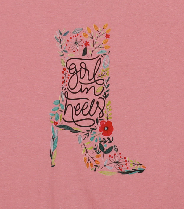 Peach Half Sleeve Floral Heels Printed Women's Regular Crop Top