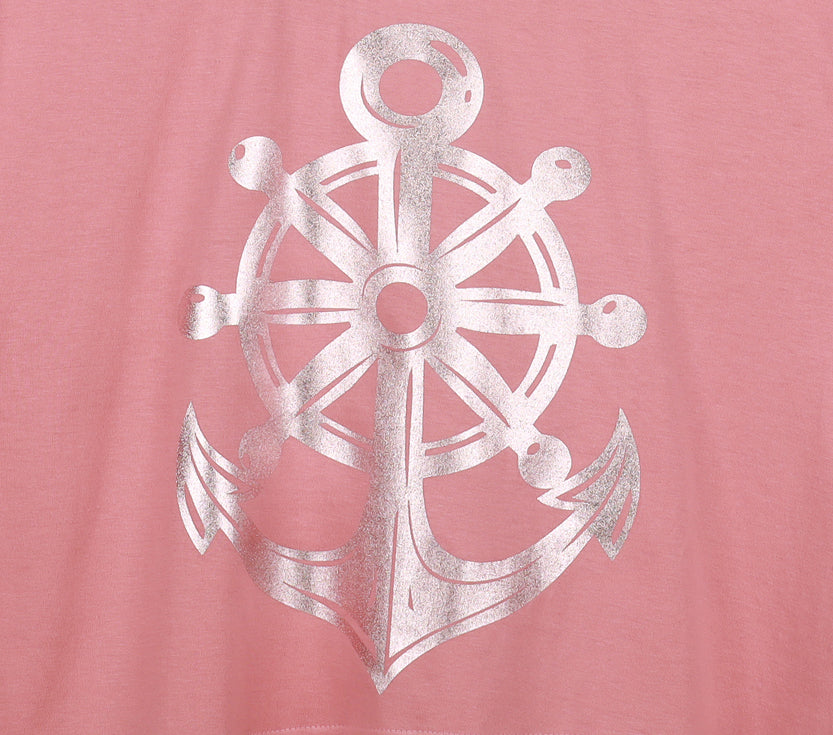 Peach Half Sleeve Rose Gold Anchor Printed Women's Regular Crop Top