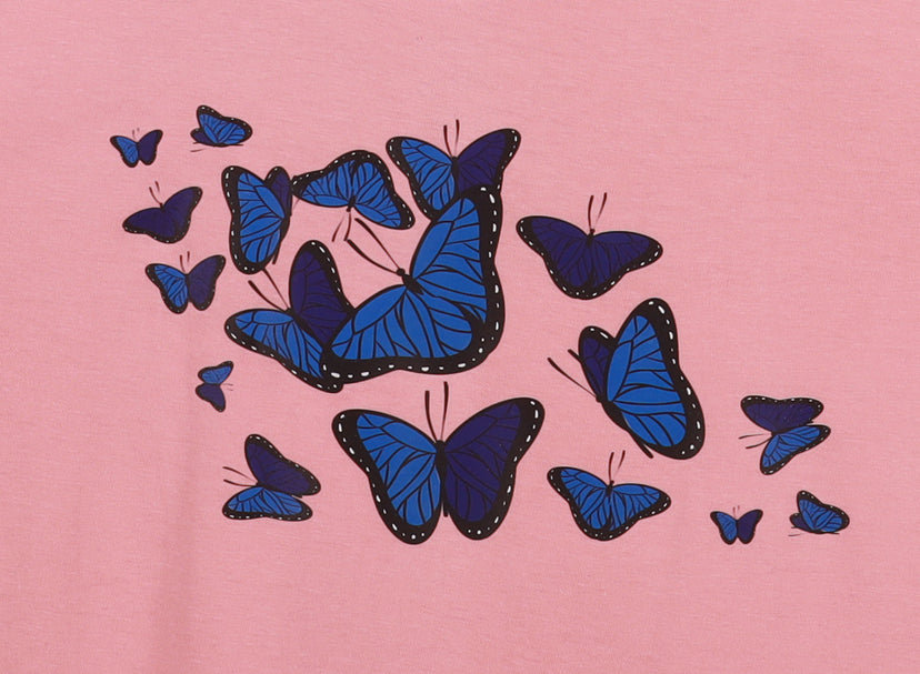 Peach Half Sleeve Blue Butterflies Printed Women's Regular Crop Top