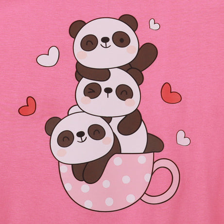Pink Half Sleeve Three Cute Pandas In A Cup Printed Regular Crop Top