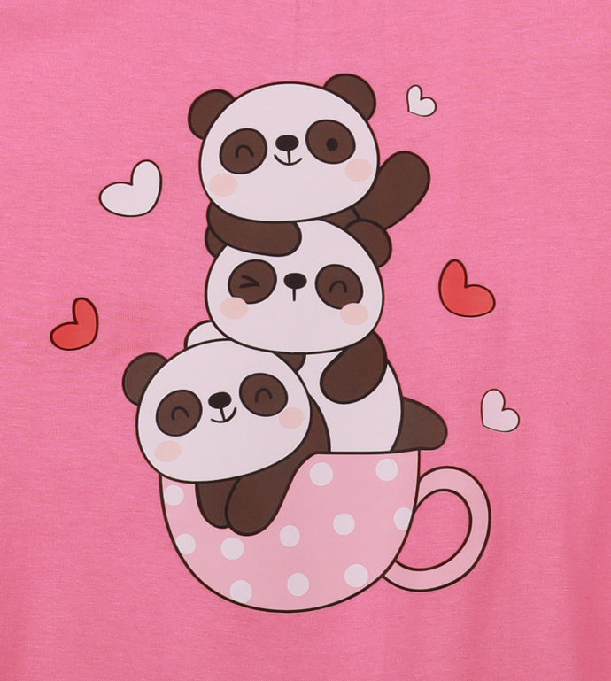 Pink Half Sleeve Three Cute Pandas In A Cup Printed Regular Crop Top