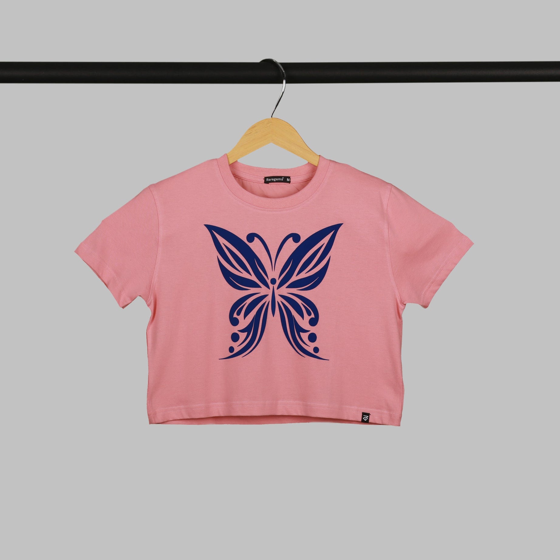 Peach Half Sleeve Blue Velvet Butterfly Printed Women's Regular Crop Top