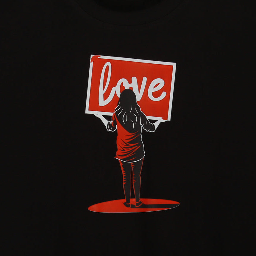 Black Half Sleeve Girl With Love Board Printed Women's Regular Crop Top