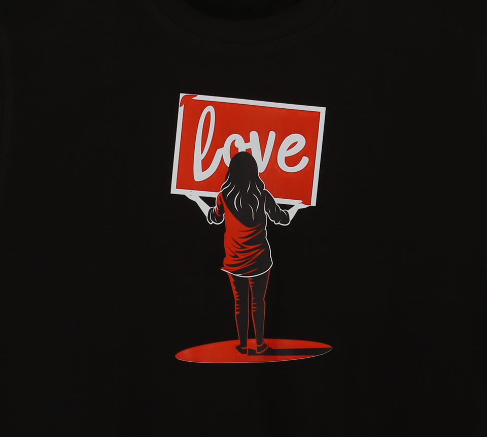 Black Half Sleeve Girl With Love Board Printed Women's Regular Crop Top