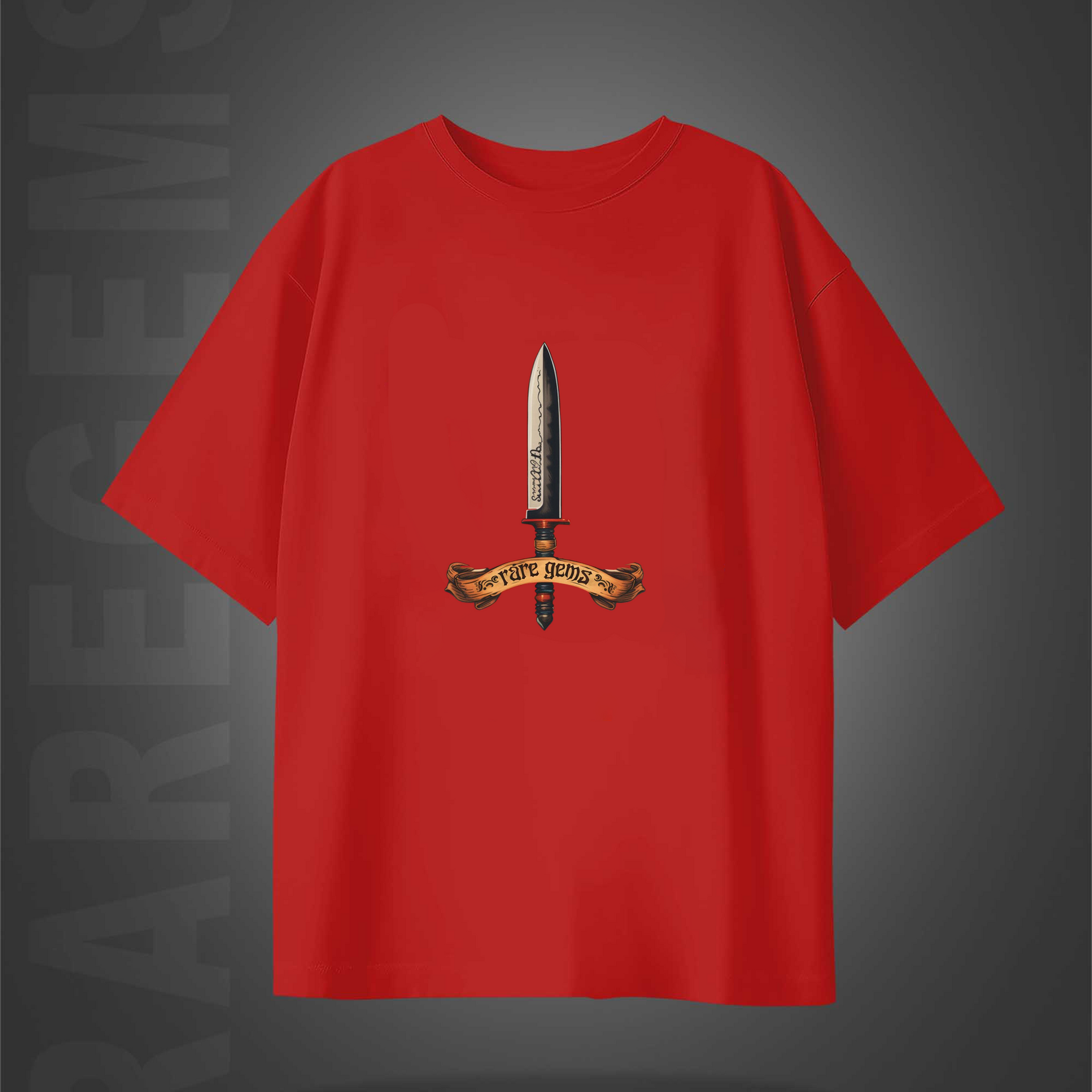 Red Half Sleeve Round Neck Sword With Skull And Roses Printed Oversized T-Shirt