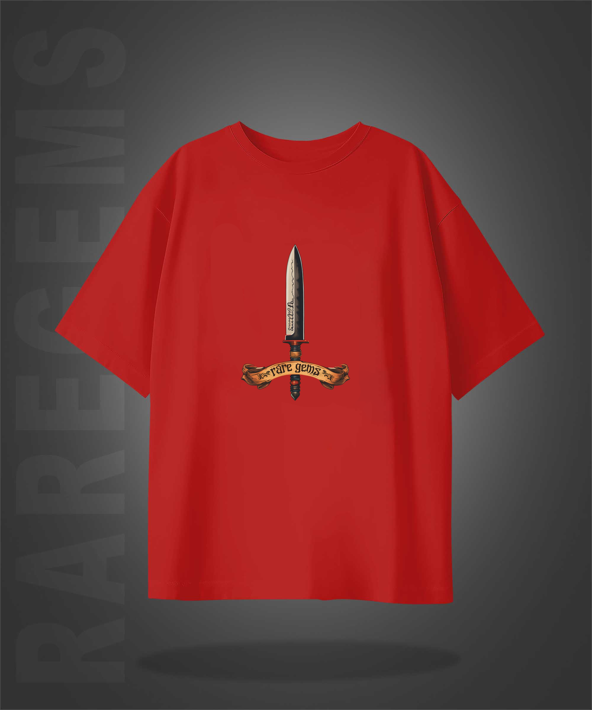 Red Half Sleeve Round Neck Sword With Skull And Roses Printed Oversized T-Shirt