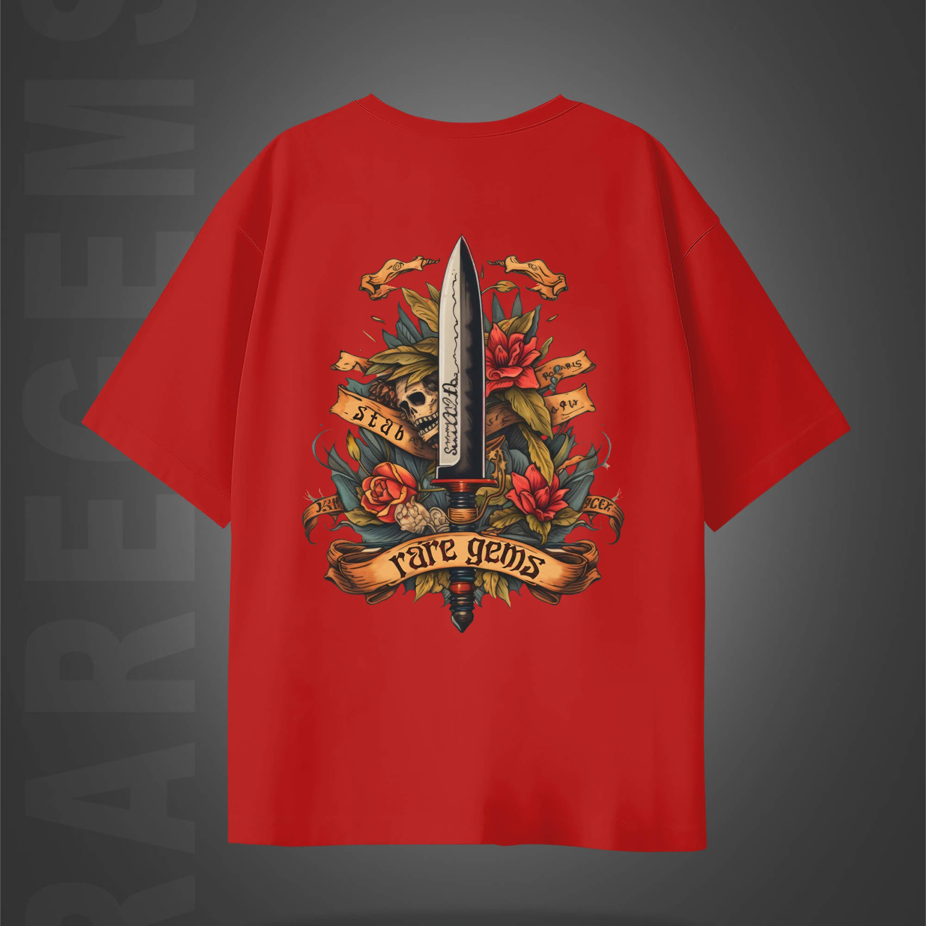 Red Half Sleeve Round Neck Sword With Skull And Roses Printed Oversized T-Shirt