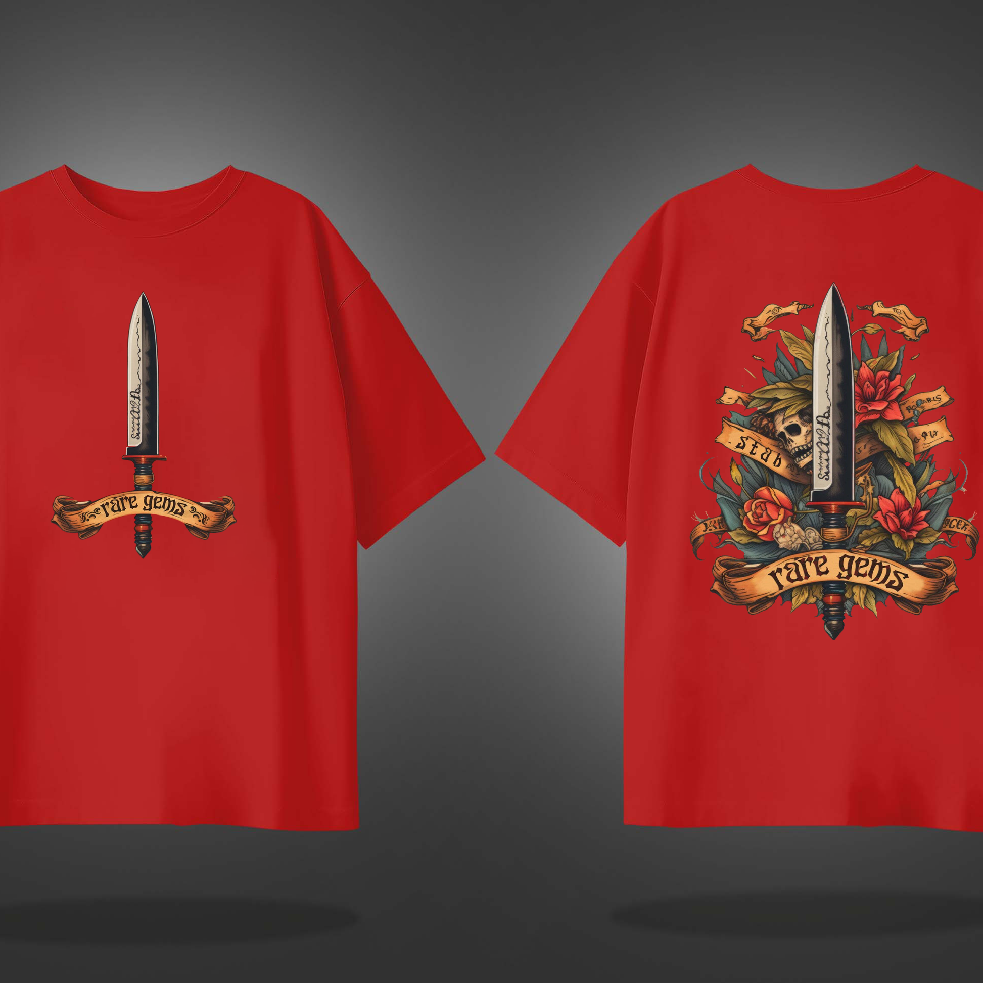 Red Half Sleeve Round Neck Sword With Skull And Roses Printed Oversized T-Shirt