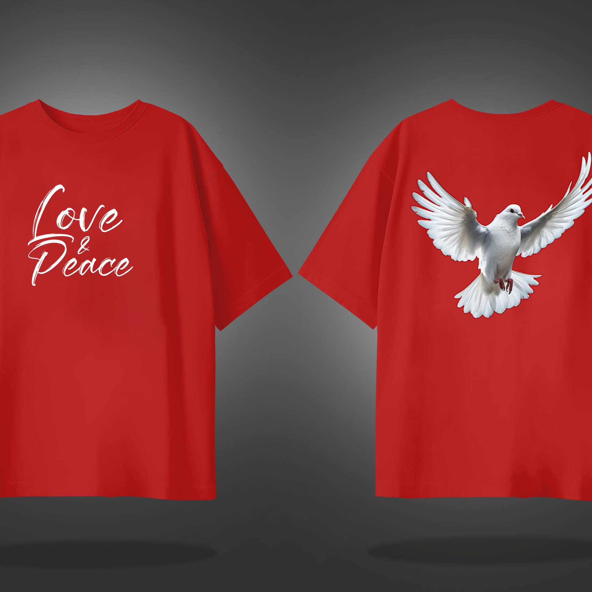 Red Half Sleeves Dove Love And Peace Printed Oversized T-Shirt