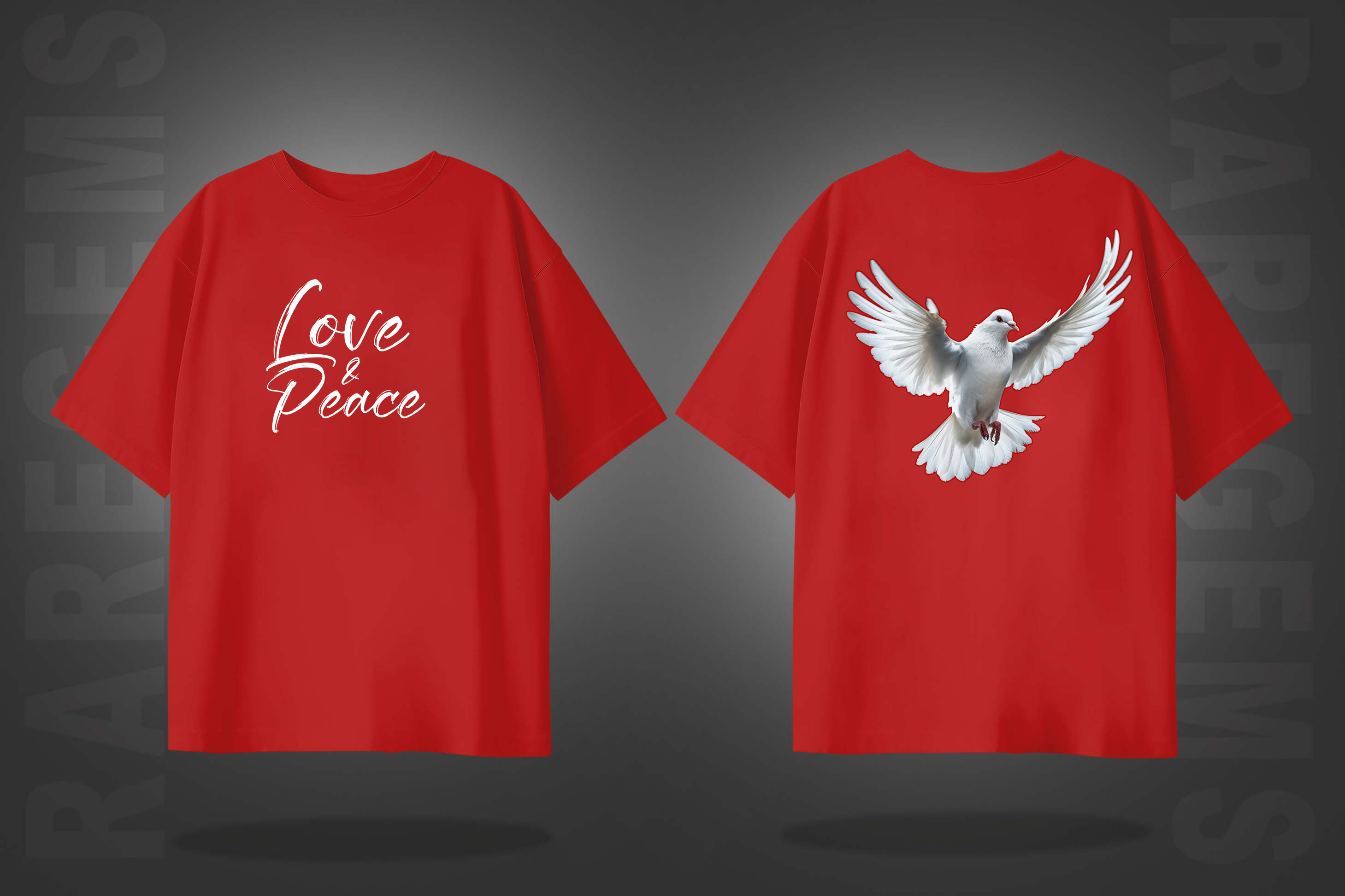 Red Half Sleeves Dove Love And Peace Printed Oversized T-Shirt